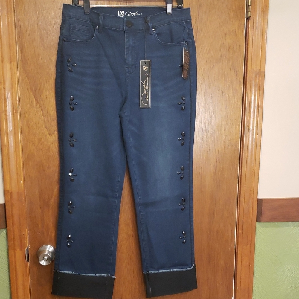 DG2 by Diane Gilman Embelished Cuffed Dark Blue Jeans